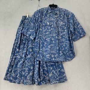 JA Resort Blouse & Flare Skirt 2 Pc Set Blue‎ Floral Rhinestones Country Western